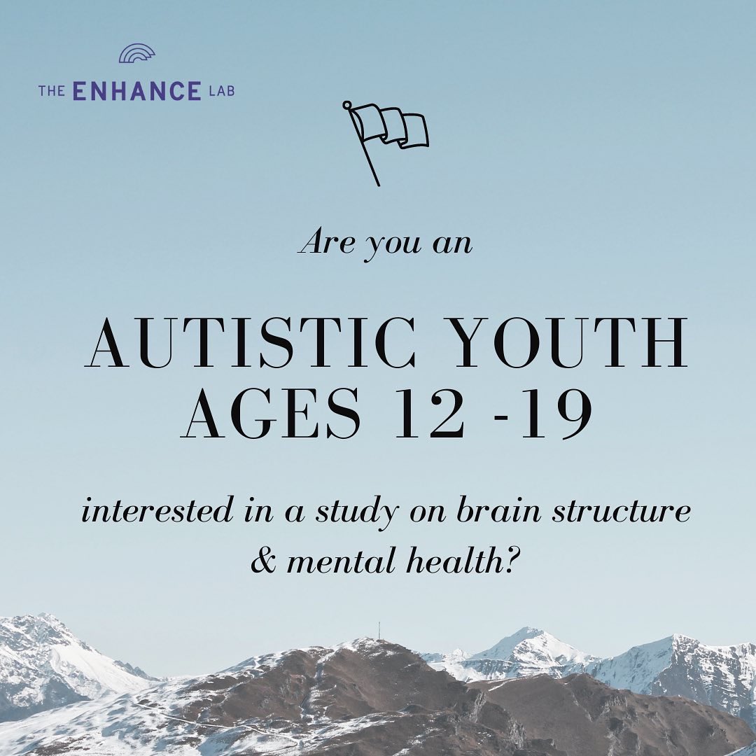 Enhance_Lab_UC's tweet photo. We’re looking for autistic youth and young adults ages 12-19 for a study on brain structure + suicidal thoughts &amp; behaviours (STBs)
⠀
Study location: the Owerko Centre at the Child Development Centre &amp; the Alberta Children’s Hospital 🏥

Contact us at enhancelab@ucalgary.ca 🙌🏼 https://t.co/Jbnk76x3dj