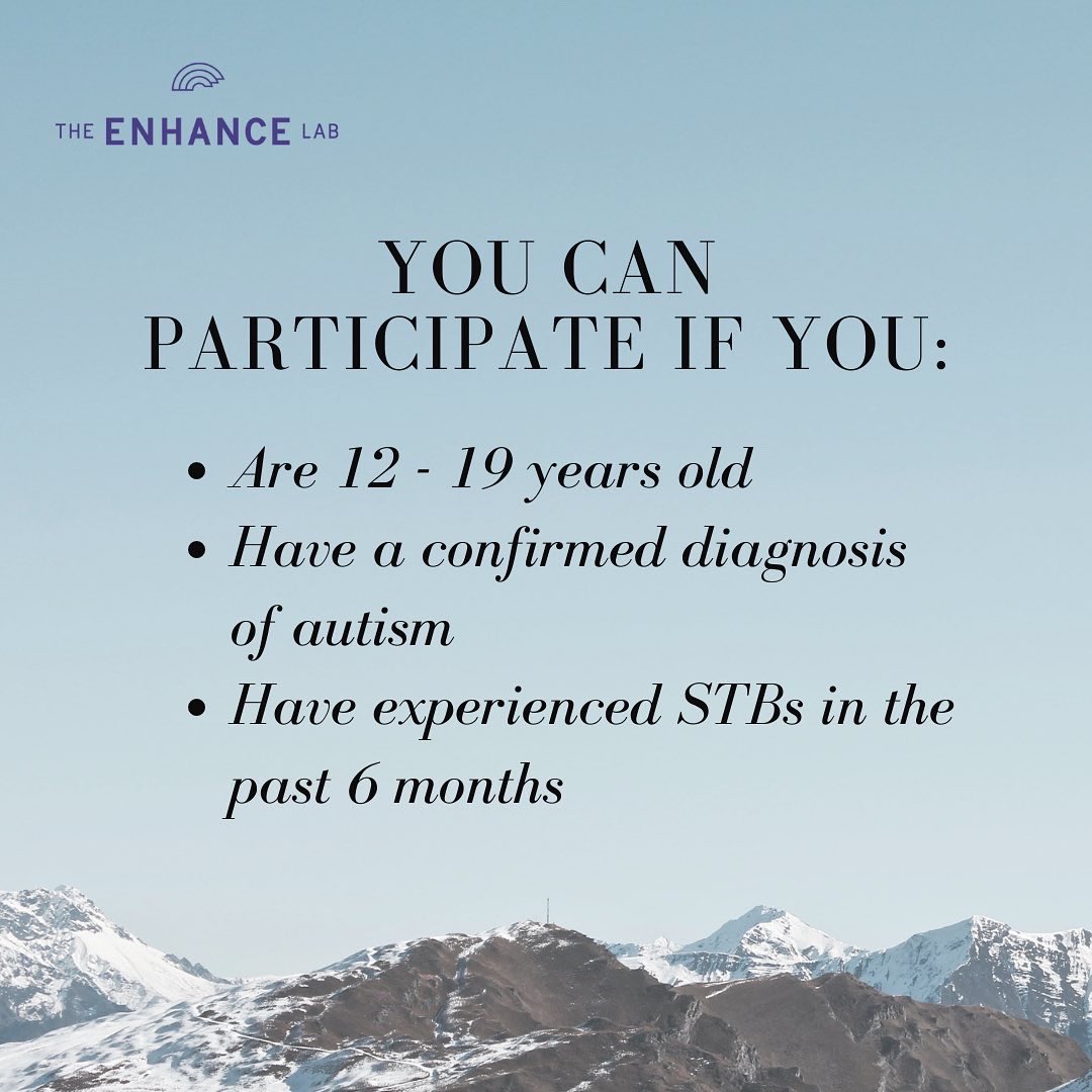 Enhance_Lab_UC's tweet photo. We’re looking for autistic youth and young adults ages 12-19 for a study on brain structure + suicidal thoughts &amp; behaviours (STBs)
⠀
Study location: the Owerko Centre at the Child Development Centre &amp; the Alberta Children’s Hospital 🏥

Contact us at enhancelab@ucalgary.ca 🙌🏼 https://t.co/Jbnk76x3dj