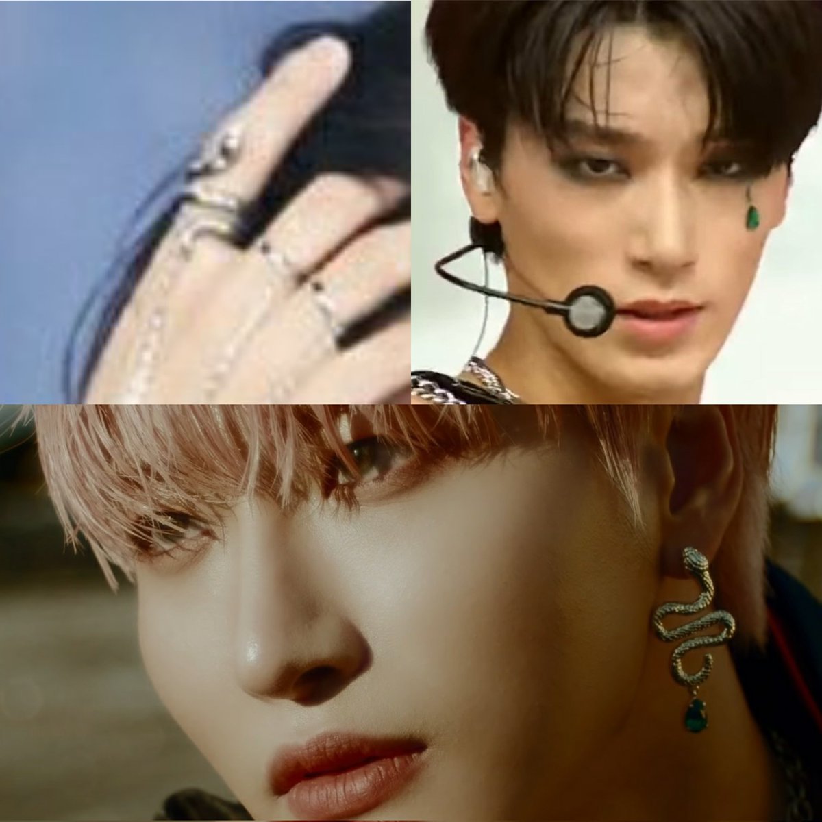 hjoongworld's tweet photo. remember the snake ring san wore and that green stone under his eye in the last mama performance, seonghwa is wearing a snake earring with the same stone! https://t.co/Ro1YT3coBz