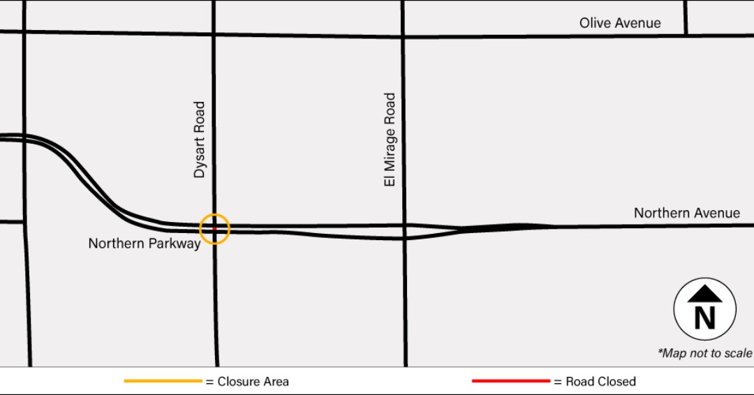MaricopaRoads's tweet image. Dysart Rd (north &amp;amp; south bound) will be closed at Northern Pkwy on:
12/10/2021 at 9pm to 12/13/2021 at 5am (24 Hr)
12/13/2021 – 12/16/2021 9PM to 5 AM (Nightly) 
Please plan travel accordingly.
#PhxTraffic #AdvancedNotice #MCDOT