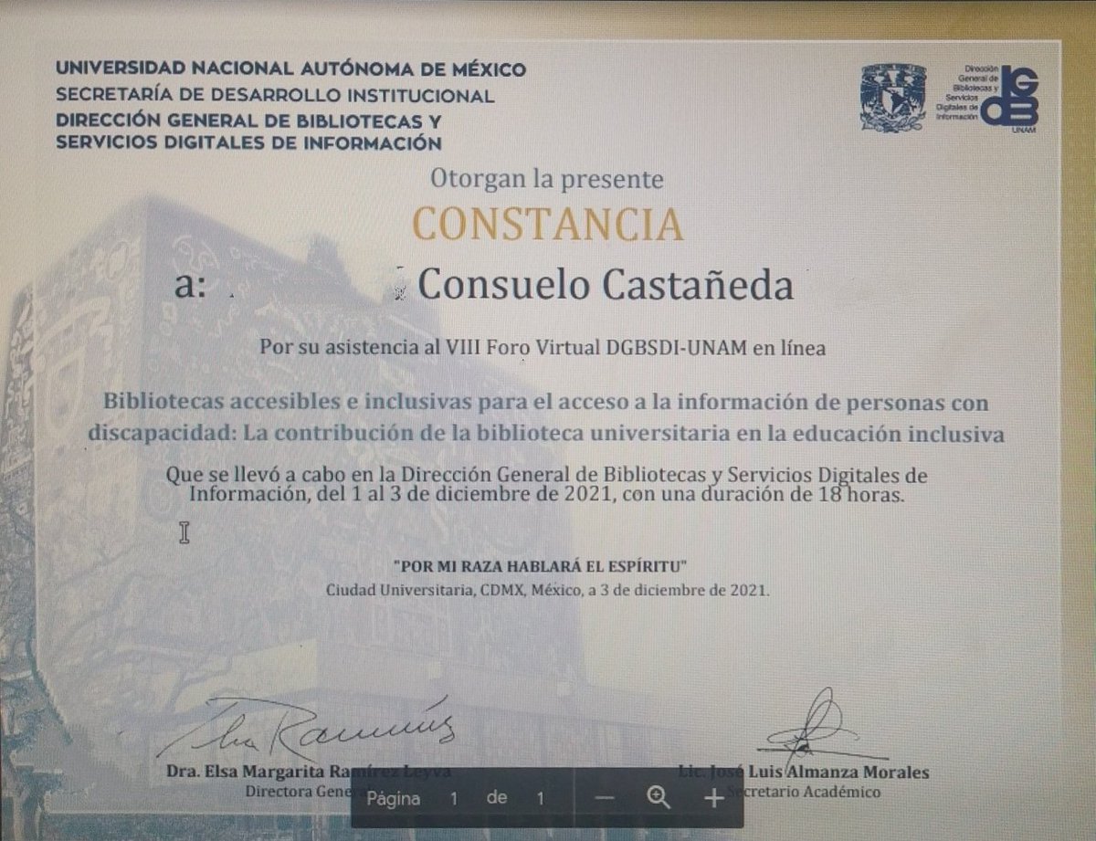 konzuelito's tweet photo. Hoy me llegó mi constancia del foro virtual: Bibliotecas accesibles e inclusivas y como contribuir a una educación más inclusiva 🙂
Aprendí mucho y conocí herramientas para ofrecer una mejor educación.
#BibliotecasAccesibles
#ForoVirtualDGBSDI
#UNAM
#SomosUJED https://t.co/8g3zygsQBf