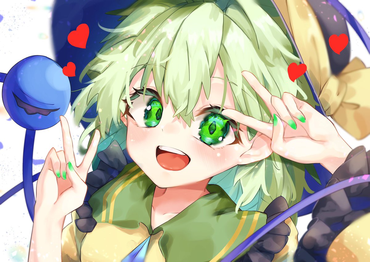 komeiji koishi 1girl solo hat heart green eyes v green hair  illustration images