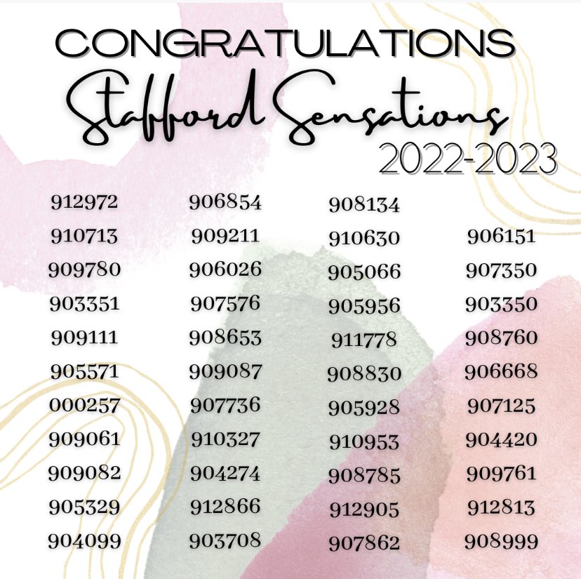 Congratulations to our 2022-2023 Stafford Sensations dance team!! <a href="/SMSD_Sensations/">Stafford Sensations</a> <a href="/SMSDMiddle/">SMSDMiddle</a> <a href="/StaffordMSD/">Stafford MSD</a> <a href="/SMSDHigh/">Stafford High School</a>