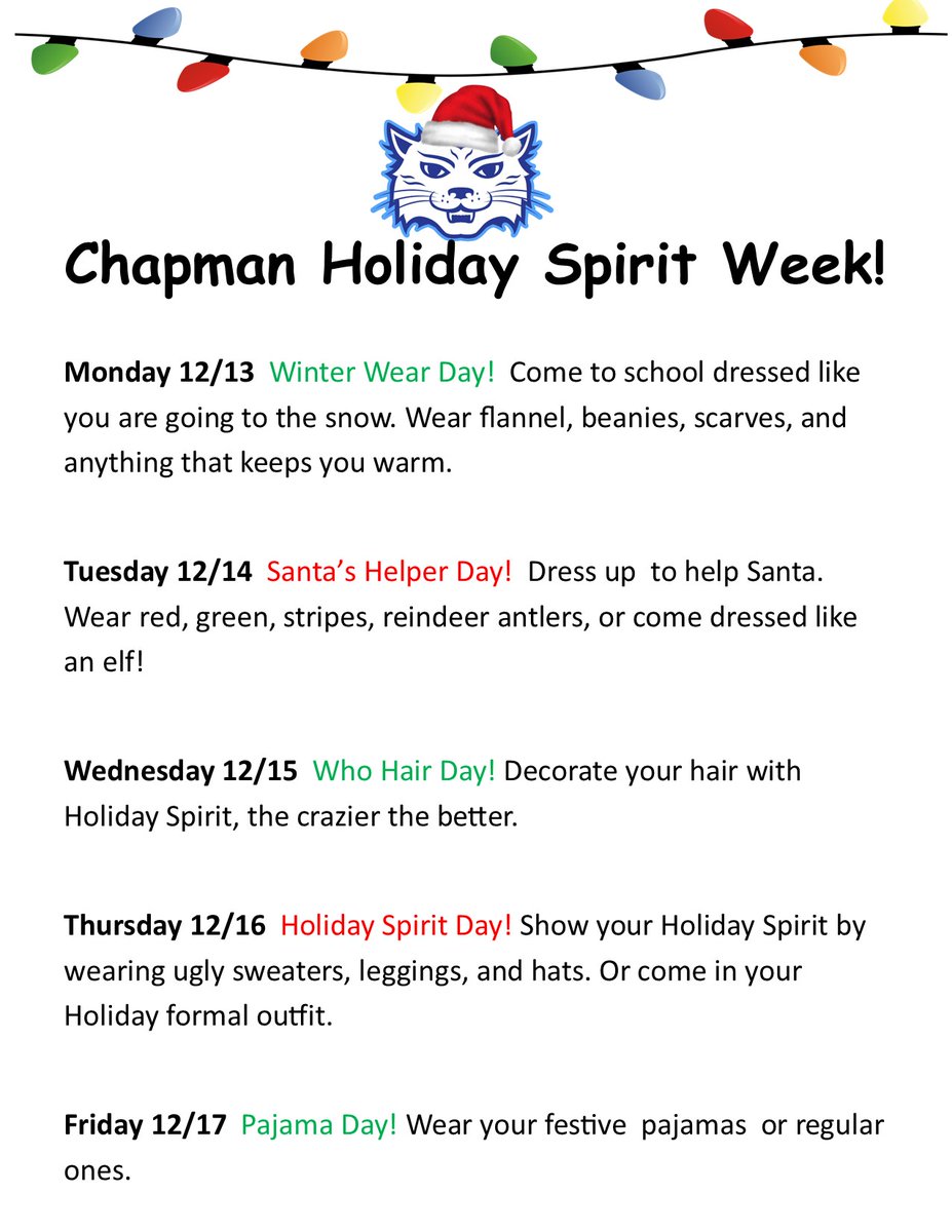 Chapmancats's tweet photo. Hey Chapman Cats! We will be having a Spirit Week next week. We hope you participate and show your Holiday Spirit! #itagreatdaytobeacat https://t.co/Ts3JNQjSvc