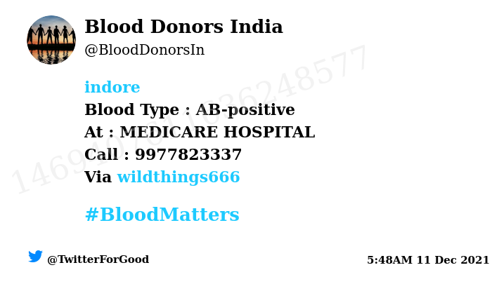 BloodDonorsIn's tweet photo. #SOS
#Indore
Need #Blood Type :  AB-positive
Blood Component : blood
Number of Units : 2
Primary Number : 9977823337
Via: @wildthings666
#BloodMatters
Powered by Twitter https://t.co/QxNtpgOr5p