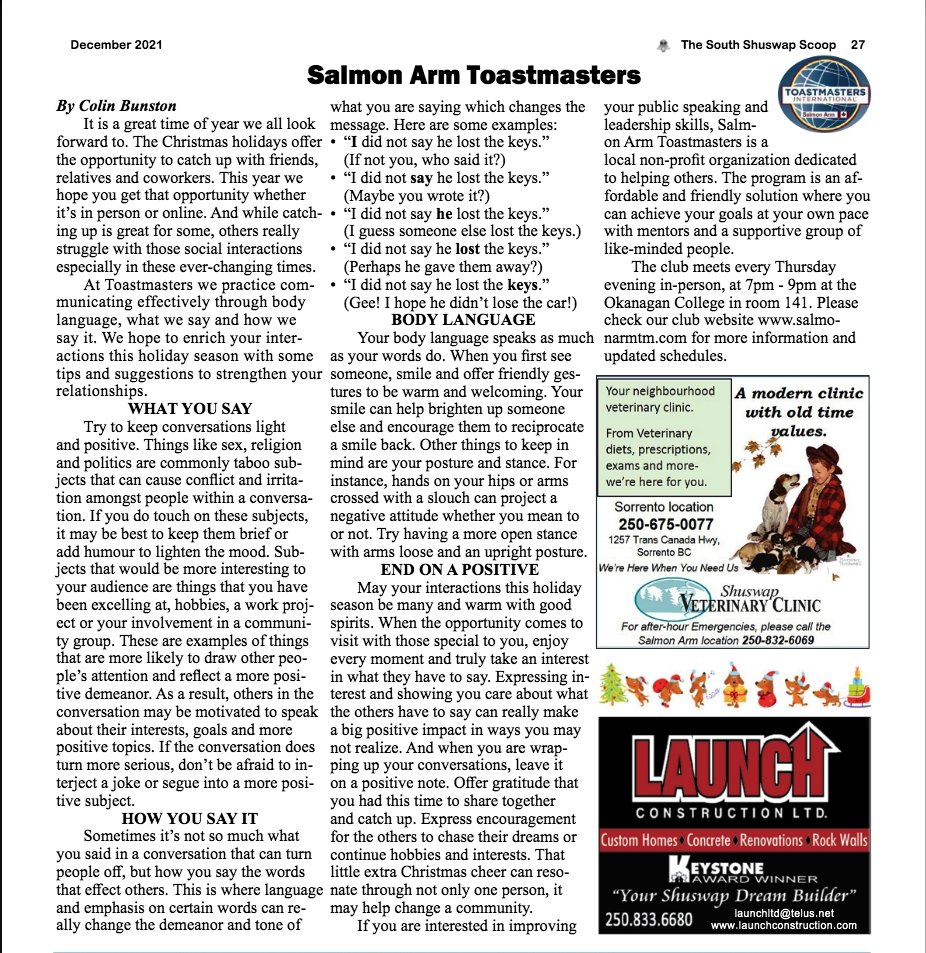 ToastmastersSA's tweet photo. Our first article in the @shuswapkickerscoop is out and we thank you so much for letting us contribute to your local paper.
#salmonarmtoastmasters #salmonarm #shuswaplake #toastmasters #publicspeaking #leadershipskills #leadershiptraining #mentorship #businesstraining #presenting https://t.co/lJsZdUhwl1