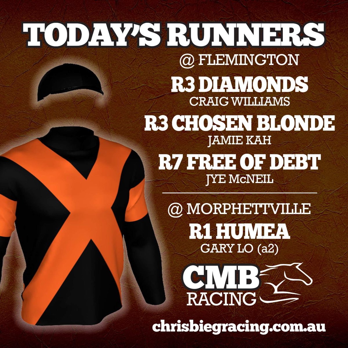 RacingCmb's tweet photo. Exciting day at @FlemingtonVRC and @SAJockeyClub 

FLEM R3 1100m
DIAMONDS @CWilliamsJockey and CHOSEN BLONDE @jamieleekah07

FLEM R7 1000m
FREE OF DEBT @JyeMcNeil in the $200k Listed Kensington Stakes

MORPH R1 1050m
HUMEA @garylo_lyk Gary Lo

Good luck to connections 🏇🧡🖤 https://t.co/Kz6VxeSDQX