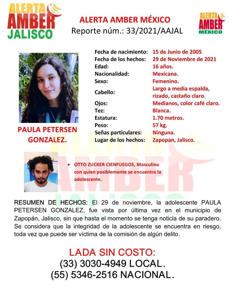 Notisistema's tweet image. Solicitamos su ayuda para localizar a Paula Petersen González, la joven de 16 años está con Otto Zucker Cienfuegos también llamado Miguel Ángel Benítez López, de 32 años. Él puede estar utilizando cualquiera de las dos identidades. Informes al 3330304949 o al 5553462516