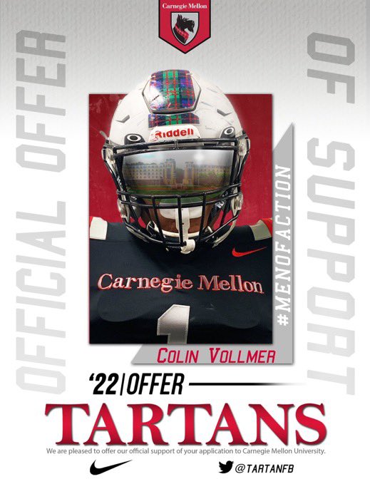VollmerColin's tweet photo. Grateful for the opportunity to visit and receive an offer of support from Carnegie Mellon! Thank you @CoachAndyHelms @TartanFB https://t.co/g4hylOytTz