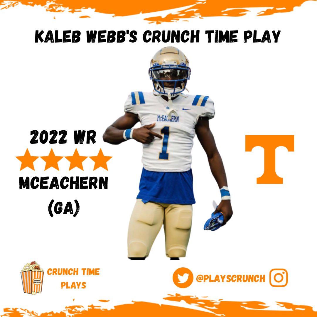 BennettGainey's tweet photo. 2022 4⭐️ WR Kaleb Webb (@kalebwebb3) announces his Crunch Time Play committing to @Vol_Football! Had an explosive senior year with over 1,600 yards receiving + 18 receiving TD’s! Big time pickup for the #Vols &amp; the @coachjoshheupel offense! 🏈🍊🍊🍊 https://t.co/jlLO9QPxXe