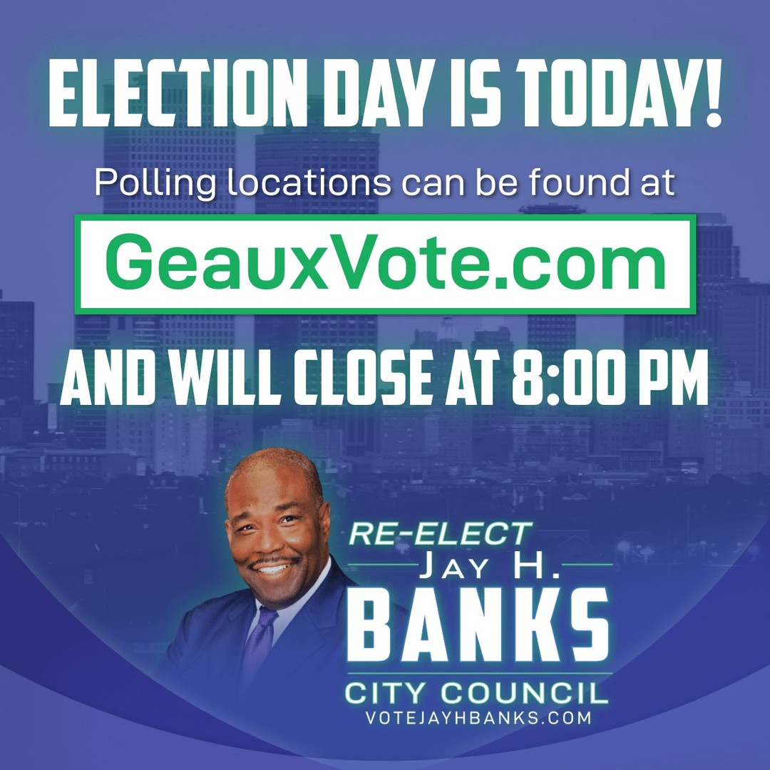 votejayhbanks's tweet photo. 🚨POLLS ARE OPEN🚨

Get up, get out, and cast your vote for Jay H. Banks for City Council District B. 

Polls are open until 8:00 p.m., and you can find your polling location at https://t.co/UBbTi3SrtL. #StayWithJay #NOLA #GOTV https://t.co/CpmIcg4Vy8