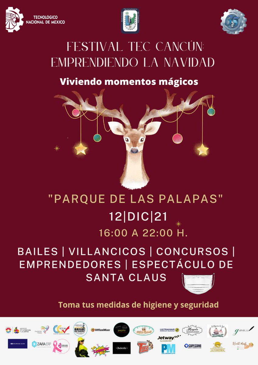 ¡Ven y disfruta del Festival Tec Cancún:Emprendiendo la Navidad en compañía de toda tu familia, la pasarán increíble! 👨‍👩‍👧‍👦🎄❤️
✴️Concursos
✴️Premios
✴️Bailes 
✴️Y muchas sorpresas…

¡No faltes! ❤️

#Cancún #FestivalNavideño #Cultura #Emprendedores #ITecnológicoDeCancún