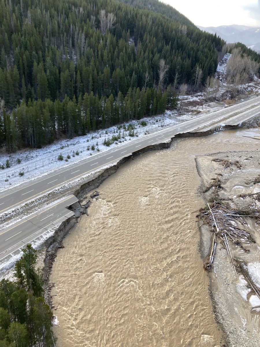 One of many stunning photos (this from BC govt) of the damage to the Coquihalla  Highway, battered by the storms three weeks ago. This is the major trucking route between the Port of Vancouver and the rest of Canada. ⁦<a href="/BradyStrachan/">BradyS</a>⁩ will have more tonight on The National.