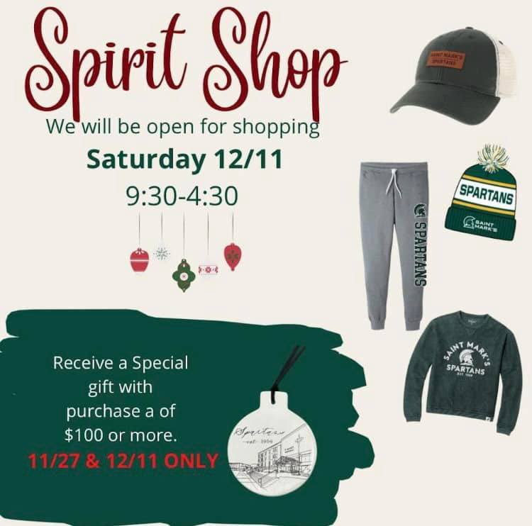 SaintMarksHS's tweet photo. Get the Spartans in your life amazing Christmas gifts at Saint Mark’s Spirit Shop!✅🎁🎁🎁
➡️Hours are 9:30 a.m. - 4:30 p.m. on Saturday, December 11th!🔰🎄
#SaintMarksHS #ThePlaceToShop! https://t.co/kxPn71gFpB