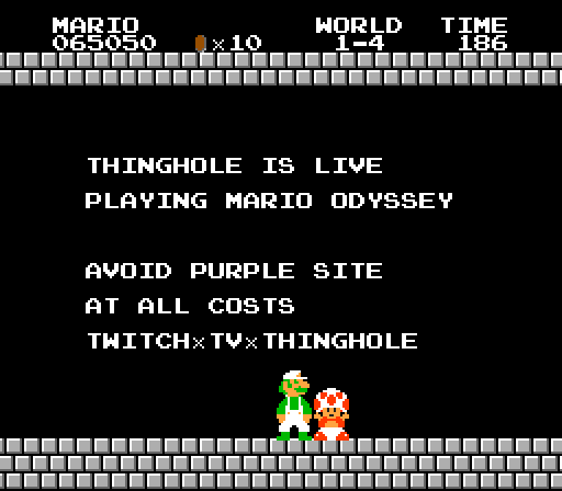 thinghole's tweet photo. sorry to interrupt your pleasant internet experience but i am currently live, collecting moons in the switch plumber game. my jump tech is okay, but my face is not, so you've been warned. also new raid alerts are live (and finally working)!

https://t.co/V8M9J7zDm2 https://t.co/4hAtIAJUn1