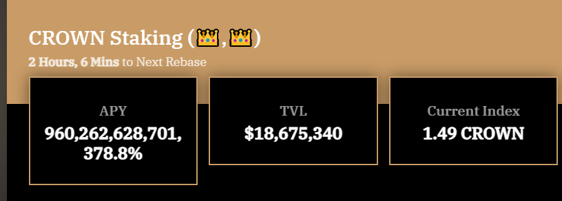 traderpow's tweet image. Ahhh I'm rebasingggggg. Yes. $CROWN did that. 

Are you still sleeping on it, sers?

dexscreener.com/avalanche/0x3f…

The APY? Yep, it's correct, Anon. Don't think, just ape.