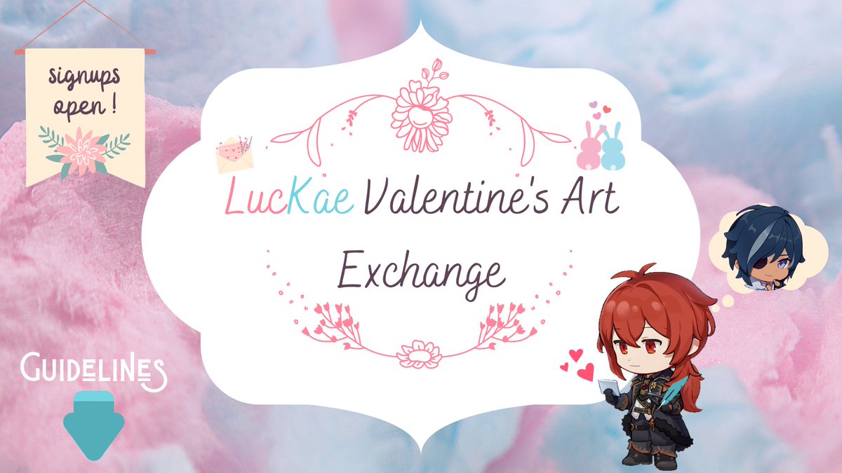 LuckaeVday2022's tweet photo. As Diluc once said, "Time for... Infatuation!"
... Or something like that 🤔 

Travelers, the LucKae Valentine's Art Exchange is currently open! 🔥❄️

📅 Signups run from December 11 to December 21, so grab your pens and open the thread ⬇️ to join us on this romantic journey~ https://t.co/MisRySTpD3