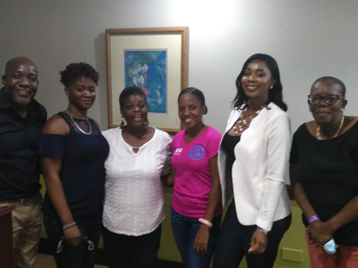 FaithHIVStigma's tweet photo. The Faith Against HIV Stigma team of Revd. Frantz Camille, Melissa Passley, Juliet Hall, @NFPBJamaica's Judith Fishley, guest speaker Dr. Jessica Henry and a participant huddle for a quick snap at a recent sensitisation session on Mental Health and HIV In A Pandemic, in Trelawny. https://t.co/YrjqqSBUnU