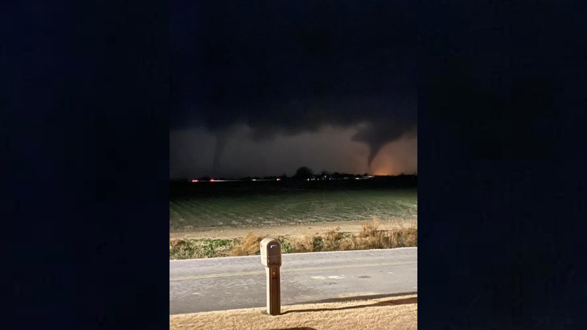 FOX13Memphis's tweet photo. TORNADO ON GROUND: This picture was shared to FOX13 News from Bay, Arkansas, which appears to show two tornadoes. Credit to Angie Burgess https://t.co/2prUw4qLNz https://t.co/l1rLzY1aho