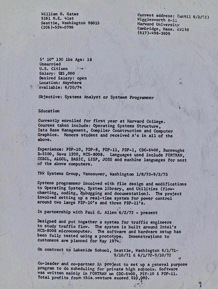 bukhariramli's tweet photo. Bill Gates punya resume. 
Tahun 1974.

Apa yang kita boleh dapat dari sini? https://t.co/bbboFnMuFD