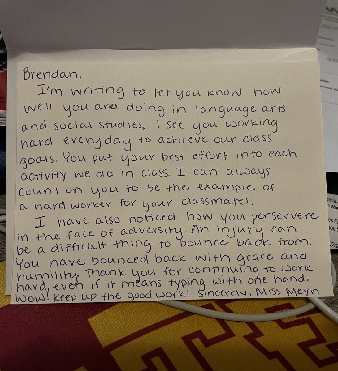 bowmama's tweet photo. My son has a broken arm, because boys. 🤦🏼‍♀️ 
His teacher sent this home. 💜💛 Best teachers, best school district. #Iowa #GiveLove #Waukee @WaukeeCSD https://t.co/u9Wyy5UuGq