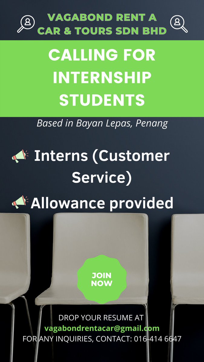 📢Interns needed 📢 📌 Customer Service 📌 Minimum Diploma in any related field 📌 Allowance provided Kindly refer to the poster for more info