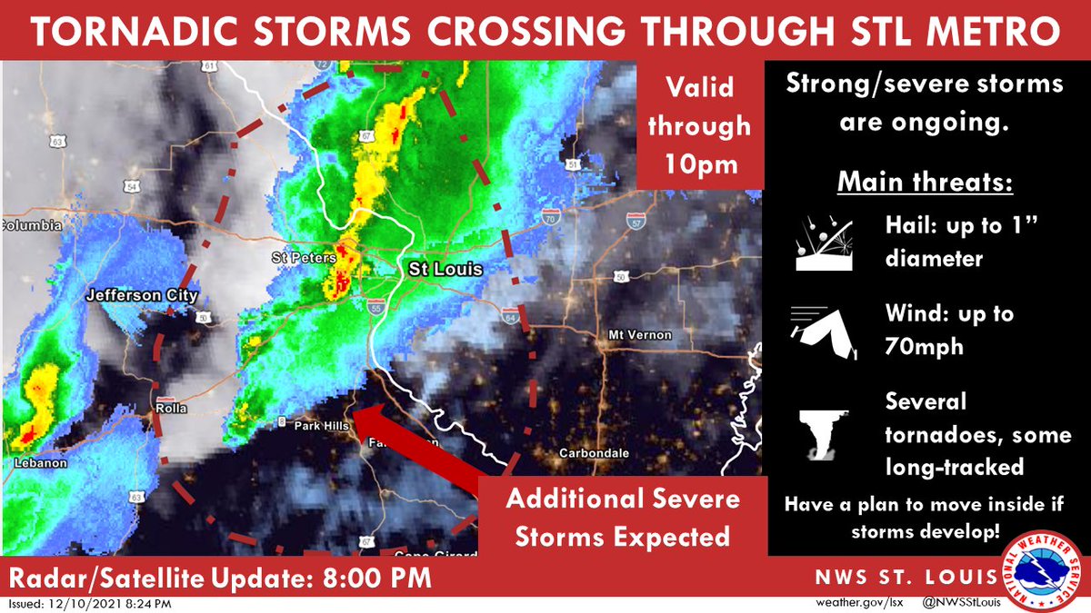 Radar-confirmed tornado is now heading into Metro East. Tornadoes are still possible across east-central/southeast MO and southwest IL. Take shelter and stay alert.

#MOwx #STLwx #ILwx