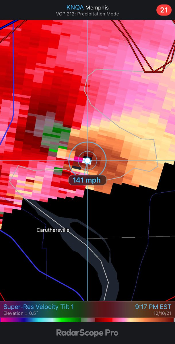 TornadoStudy's tweet photo. 283mph gate to gate velocity at 5,000 feet above the ground in MO near Caruthersville, making this the strongest tornadic gate to gate couplet in Doppler radar history. Previous was a tie between Greensburg KS 2007 EF5 and Tuscaloosa AL 2011 EF4 at 280mph. So far hit 3 states. https://t.co/NA1dOQcmn1