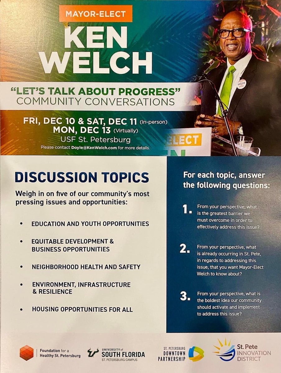 Kenwelch's tweet photo. Thanks to the participants, sponsors and volunteers today for a wonderful first day of Community Conversations at @usfsp! Tomorrow’s session begins at 9 am. More info: https://t.co/0exaxkGwpu. Come out and help shape St. Pete’s future!
#LetsTalkAboutProgress
#WeAreStPete https://t.co/Sb05Doa5X7