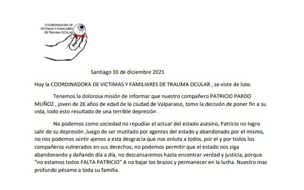 Qué tristeza! en el #DiaDeLosDerechosHumanos Patricio Pardo, joven víctima de mutilación durante el Gob de S Piñera, se quitó la vida ante abandono del Estado. Urge un Gobierno comprometido con la reparación integral a las víctimas de las violaciones a los DDHH. #NomasImpunidad