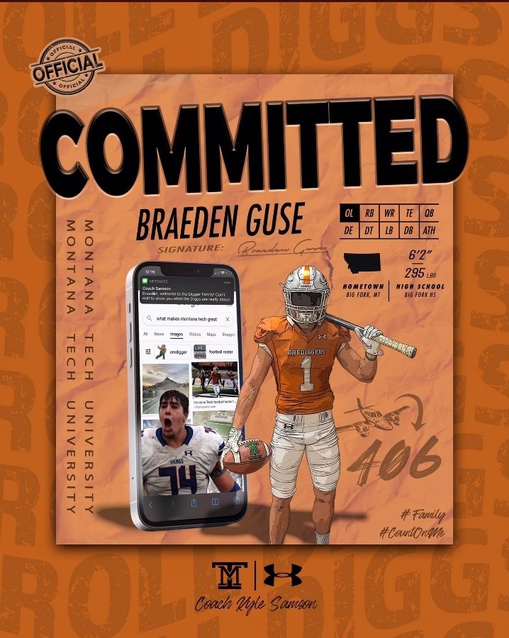 So proud to say that I am 100% committed to <a href="/MonTechFootball/">Montana Tech Football</a>! Thank you for believing in me <a href="/CoachKyleSamson/">Kyle Samson</a> @coachdthatcher <a href="/CoachTravisDean/">Travis Dean</a>!
#Family
#CountOnMe
Go Diggers!!!⚒🏈