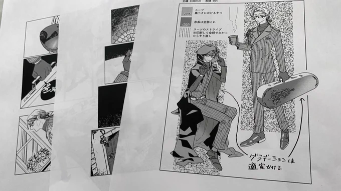 テストで印刷かけました
写植・2種類のトーン・スーツのストライプ全く問題なし グラデーションはかかってるんだかわからん濃淡になったりするので大げさにつけること 