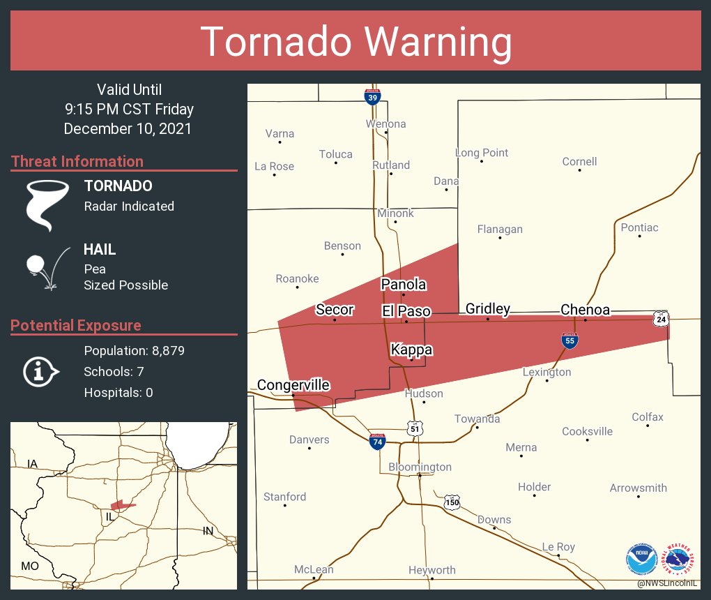 NWSLincolnIL's tweet photo. Tornado Warning including El Paso IL, Chenoa IL, Gridley IL until 9:15 PM CST https://t.co/44a4A3qAr0