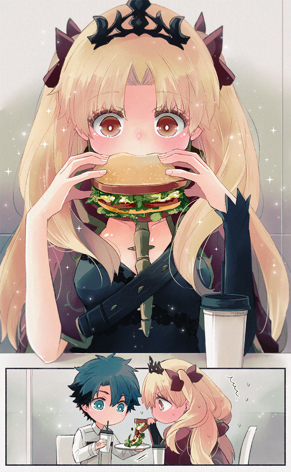 ereshkigal (fate) ,fujimaru ritsuka (male) 1girl blonde hair food 1boy burger eating tiara  illustration images