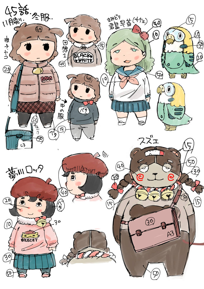44話、45話、46話とオリーブ先生の服まとめ。

インコのやつはサナエちゃんのロボットではなく
たまたま隣に描いただけの脇役です。

スズエは実際はもっと大きい。
大型の熊型ロボットだと思います。
つづく。 