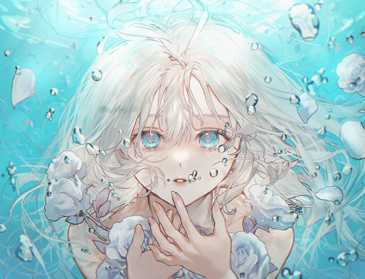 1girl solo flower bubble long hair white hair underwater  illustration images