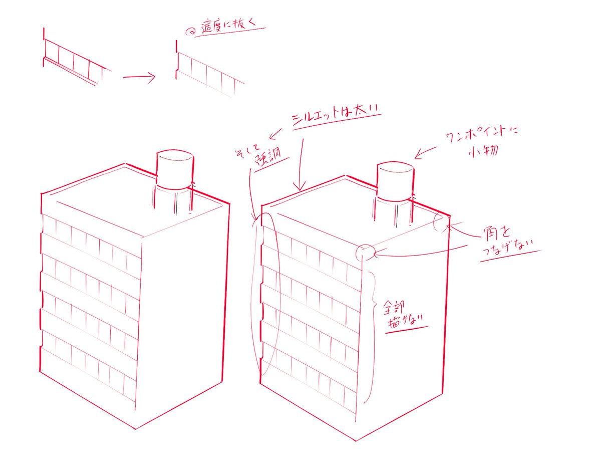 趣のある背景ってやつですが、描けてる風に描くコツは、いかにして「抜く」かであって、例えばこんな感じで描くとあら不思議!ってな具合です。 