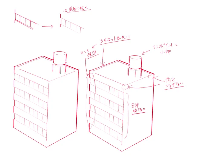 趣のある背景ってやつですが、描けてる風に描くコツは、いかにして「抜く」かであって、例えばこんな感じで描くとあら不思議!ってな具合です。 
