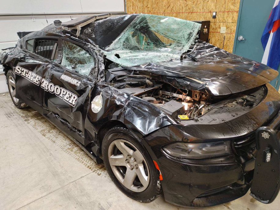 NSP_TroopC's tweet photo. MOVE OVER for emergency vehicles. SLOW DOWN during winter driving conditions. The Trooper was not in the vehicle when the unit was hit, but this could have been much worse. https://t.co/Qolnnd66es