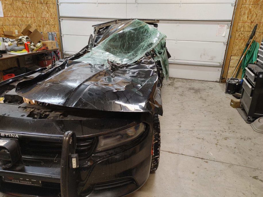 MOVE OVER for emergency vehicles. SLOW DOWN during winter driving conditions. The Trooper was not in the vehicle when the unit was hit, but this could have been much worse.