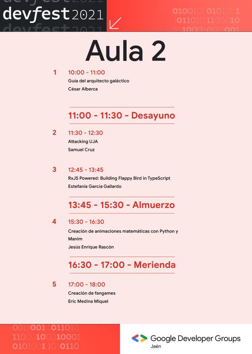GdgJaen's tweet photo. Buenos días os traemos los horarios del #DevFestJaen
#DevFest https://t.co/LPcqEua5EN
