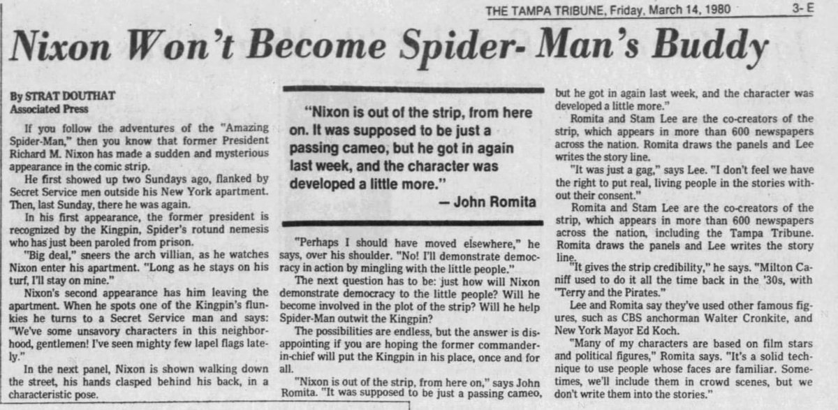 Comichistorians's tweet photo. A little commentary in the #news media in 1980 when #Nixon guest starred in the #SpiderMan newspaper strip. #Romita refers to his comic book idol, Milton #Caniff, and the article repeatedly refers to his collaborator as "Stam Lee." https://t.co/OCFzzOQkAp