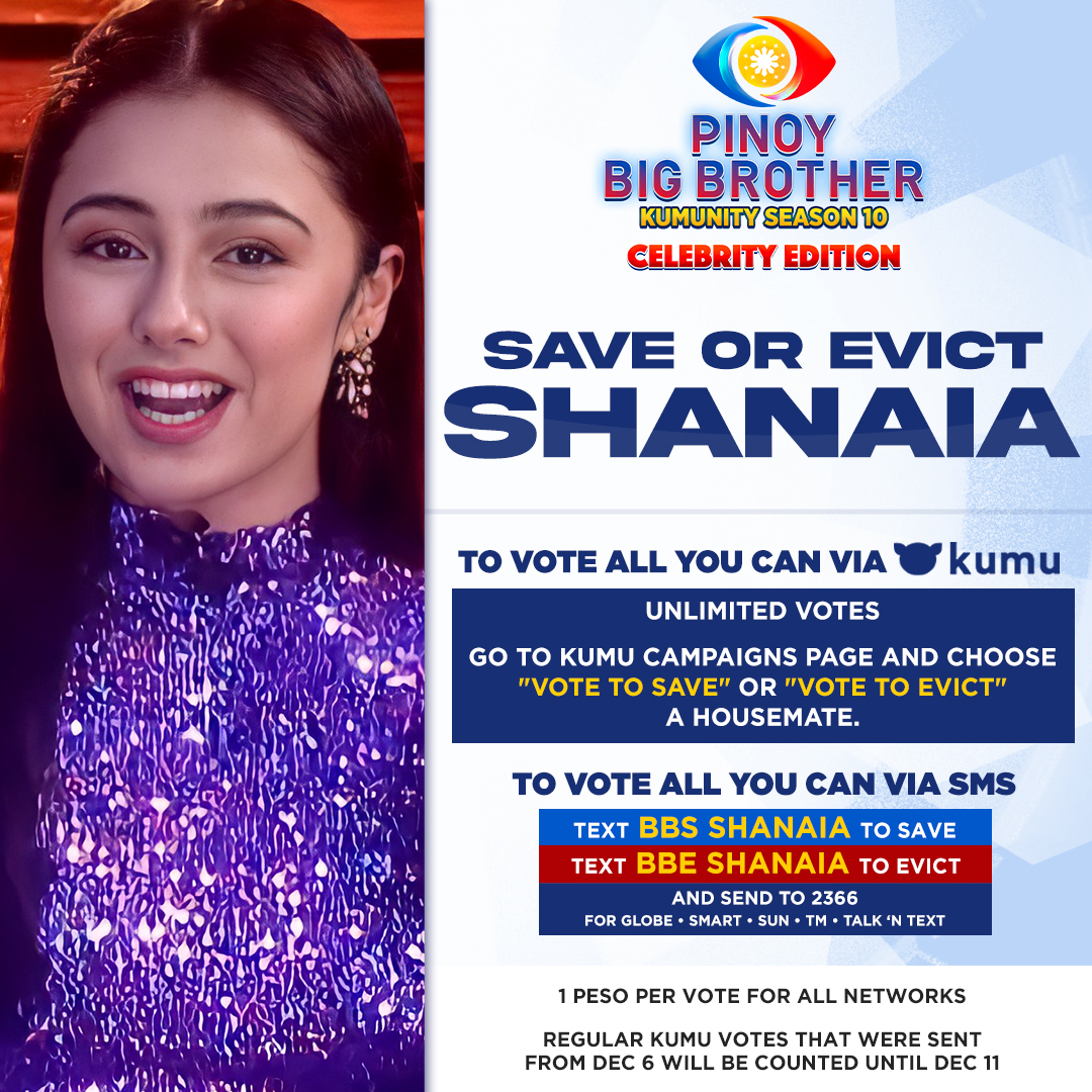 PBBabscbn's tweet photo. You have the power to VOTE ALL YOU CAN for Shanaia!

To UNLI VOTE VIA KUMU: Go to Kumu campaigns and choose Vote to Save or Vote to Evict a Housemate.

To UNLI VOTE VIA SMS: Text BBS Shanaia to Save or Text BBE Shanaia to Evict and Send to 2366 #PBB6thEvictionNight https://t.co/G79vawkyDd