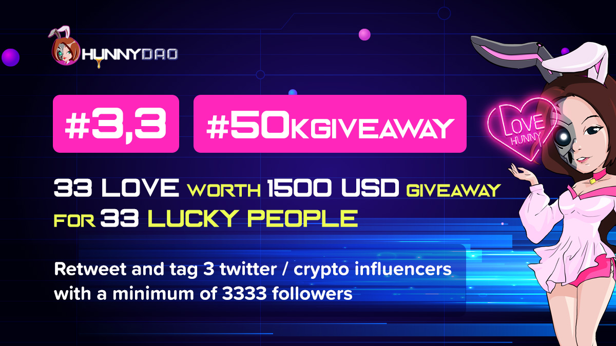 HunnyFinance's tweet photo. #3,3 #50kgiveaway
♥️HunnyDAO is giving away 33 $LOVE worth $1500 for 33 lucky people. 
All you need to do is 1⃣retweet this post 2⃣tag 3 crypto influencers with a min of 3333 followers 3⃣paste your HunnyDAO (3,3) address.

#BSC #DeFi #airdrop $OHM $Gyro $Time $Klima $Hector $Jade https://t.co/Ttf0De7R4z