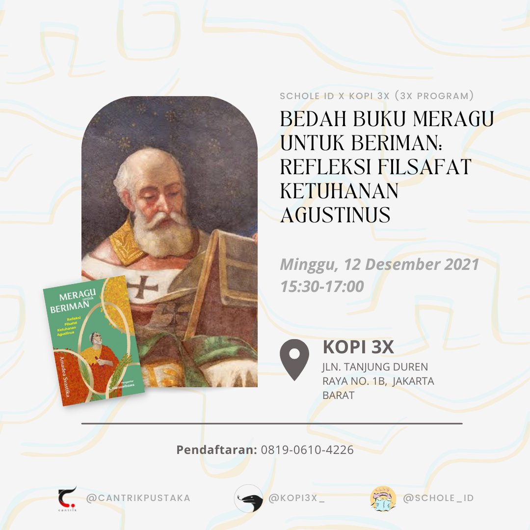 schole_id's tweet photo. [Kelas Offline Schole ID X Kopi 3X - 3X Program: Bedah Buku "Meragu Untuk Beriman"]

Kita seringkali menganggap iman sebagai sesuatu yang bertentangan dengan rasio, terutama keraguan. Kalau kita ragu, kita berarti gak bakal beriman. https://t.co/r07iI5qQgF