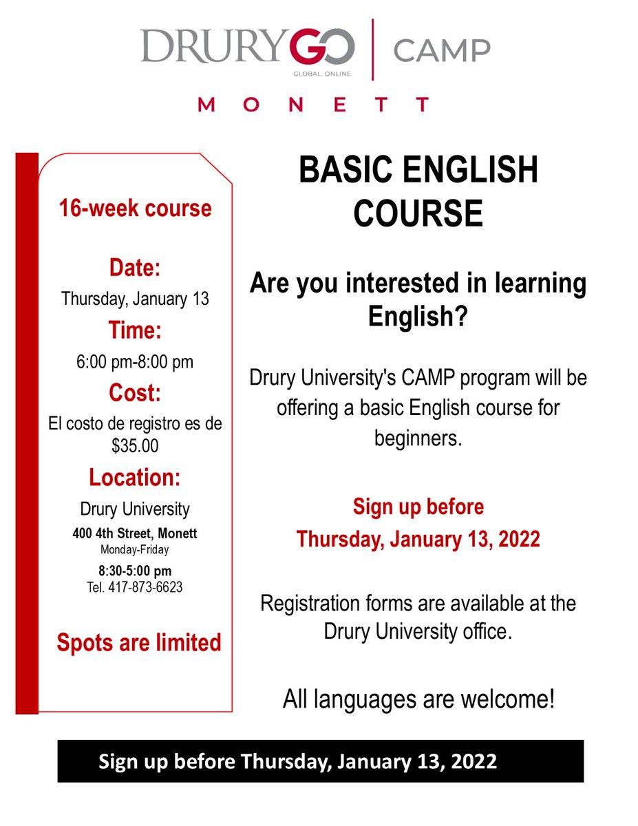Basic English Course for Beginners
Classes start on Thursday, January 20, 2022
$35 registration fee

Please share this information on your page