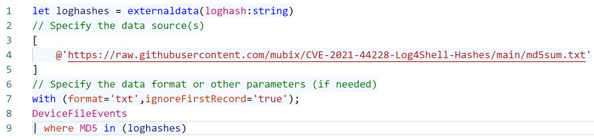 AndrewCooke's tweet photo. Just a reminder for those using Sentinel or MS Defender dealing with #log4j vulnerability on servers you can also use KQL to read a CSV to check file hashes. Example below would need adapting to correct table and hash type from this resource @mubix
https://t.co/KxpQ2rUsaY https://t.co/3RRm5iAKBl