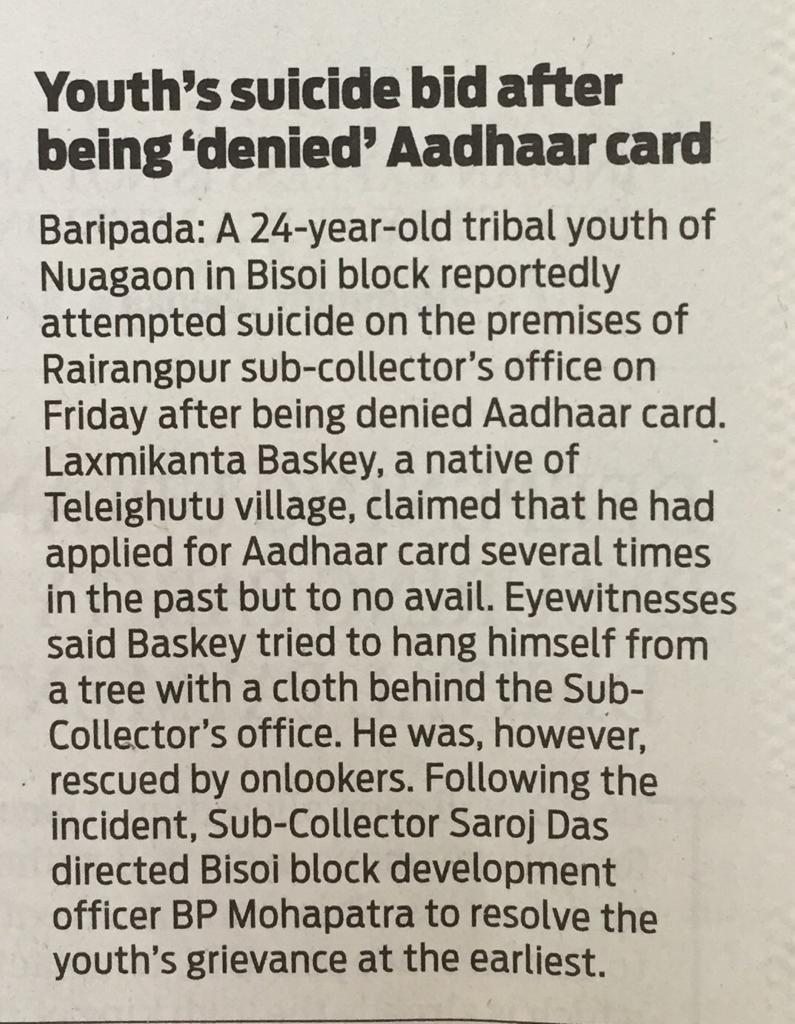 SameetPanda's tweet photo. Youth attempted suicide after being denied of #Aadhaar even after applying multiple times, tragic @UIDAI @roadscholarz https://t.co/Ui4QkrA6ai