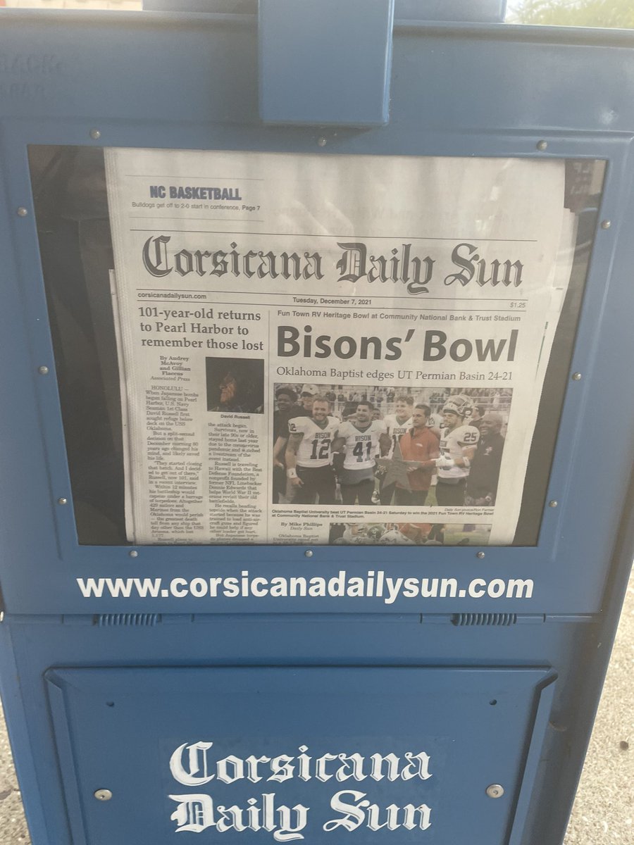 pattygilliam's tweet photo. Visiting Corsicana with @dannygilliam this morning. Front page of Corsicana Daily Sun #OBU #KaRip https://t.co/gpchjh0k1k