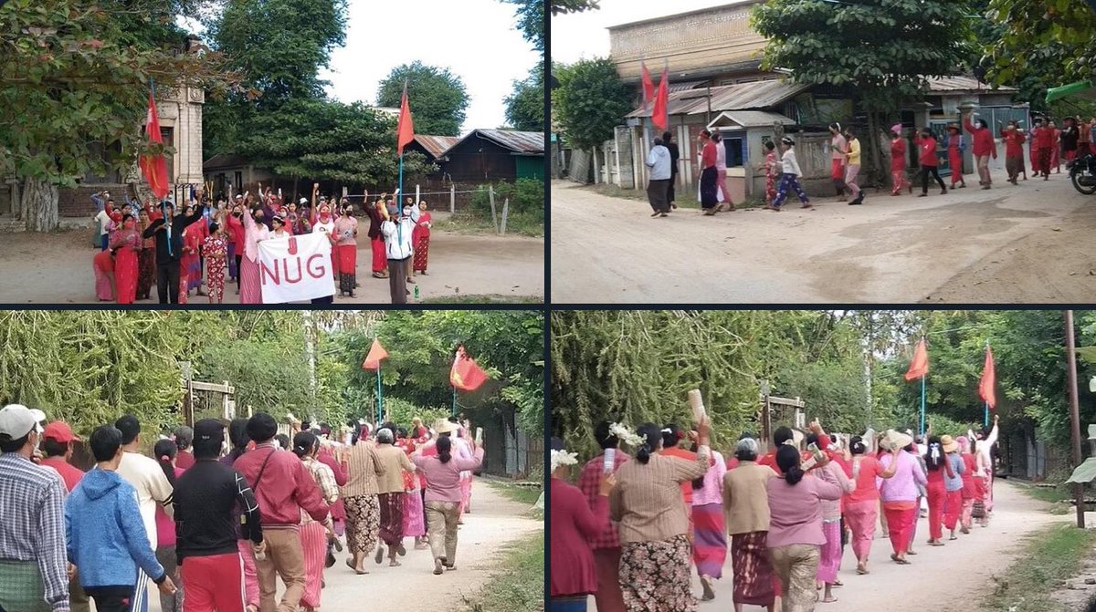 Injinn5's tweet photo. Unrelenting people from Shwebo, Sagaing region, took a stride in marching as a strike to overthrow military dictatorship today, flying the flags high.   #CrimesAgainstHumanity #Dec11Coup #WhatsHappeningInMyanmar https://t.co/lWddMm0QVp